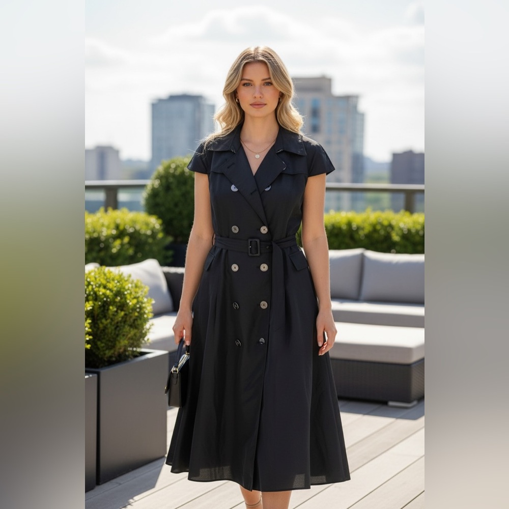 Chelsea & Theadore Black Elegant Black Double-Breasted Trench Coat Dress Size L